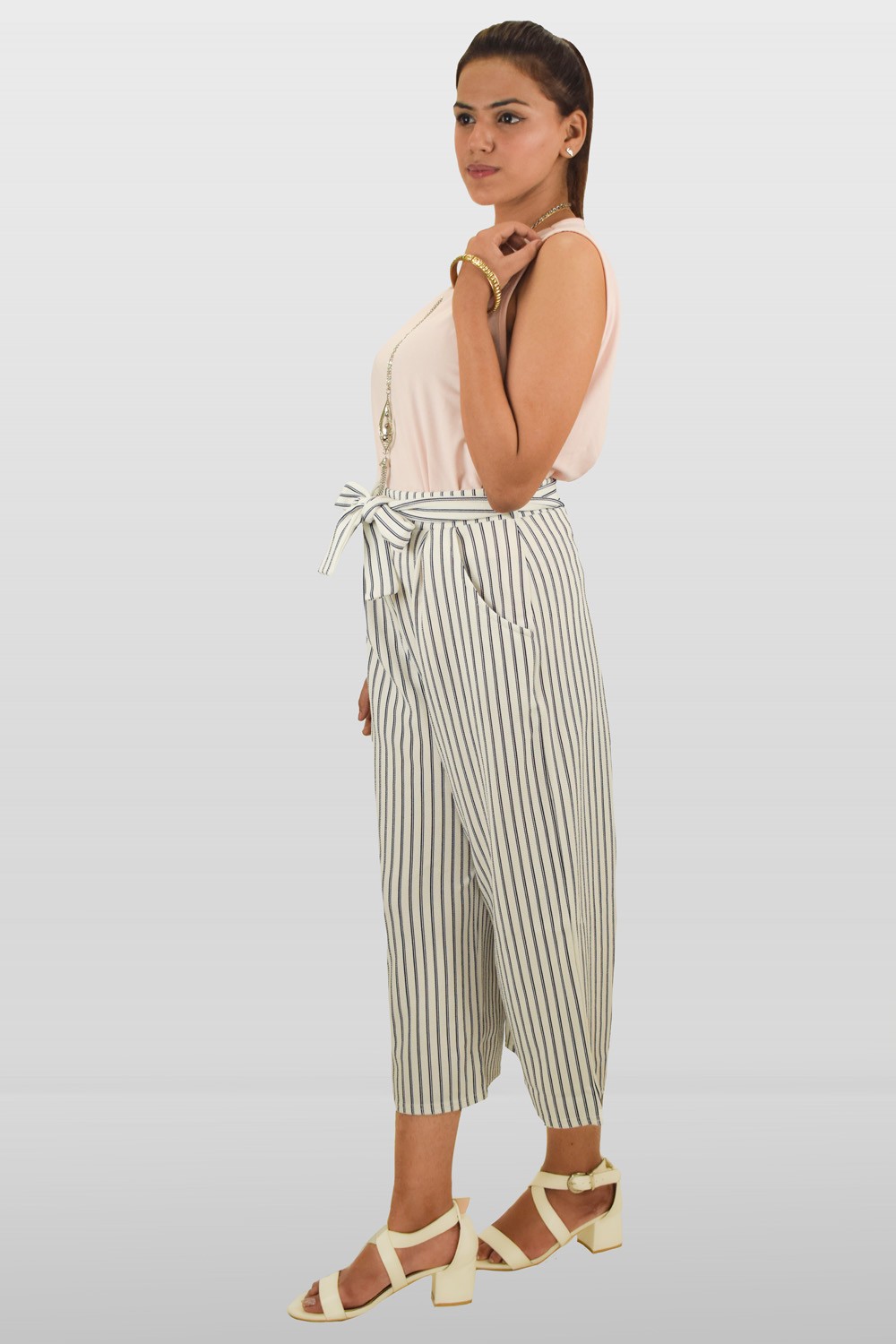 White And Navy Stripe Culotte Trousers