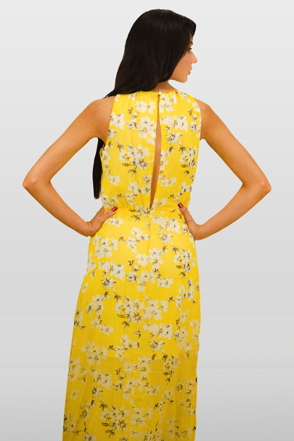 Yellow And White High Neck Floral Maxi Dress