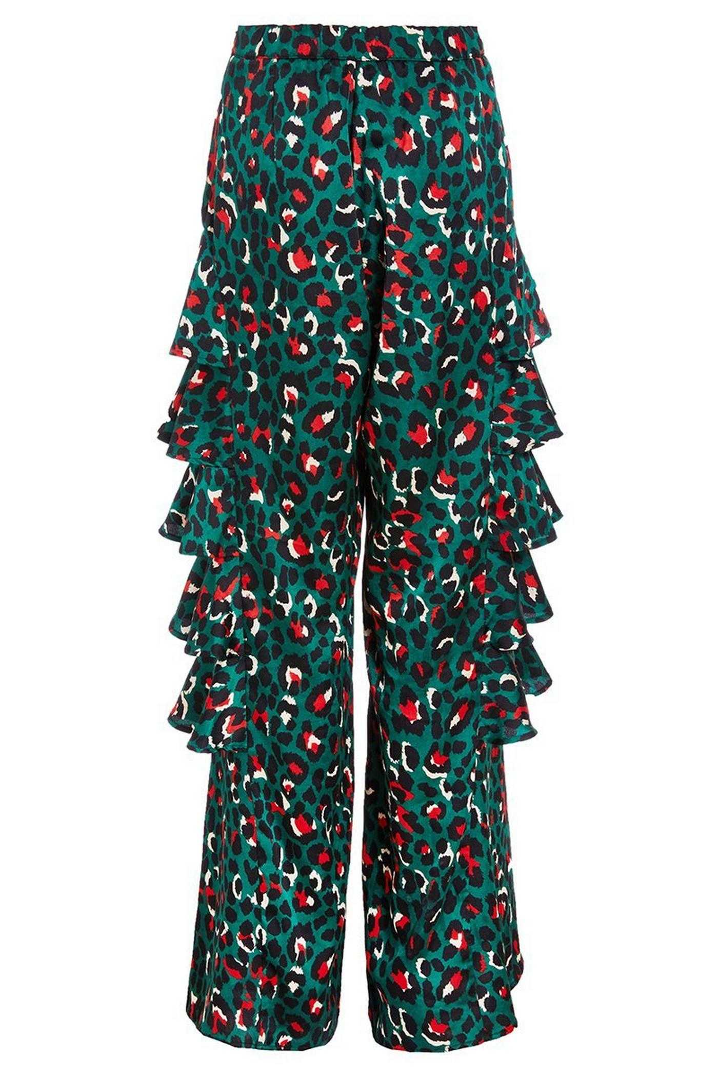 Green and Orange Leopard Print Frill Palazzo Trousers