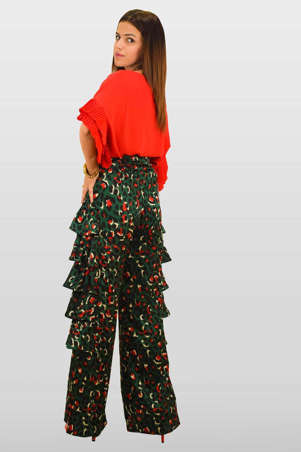 Green and Orange Leopard Print Frill Palazzo Trousers