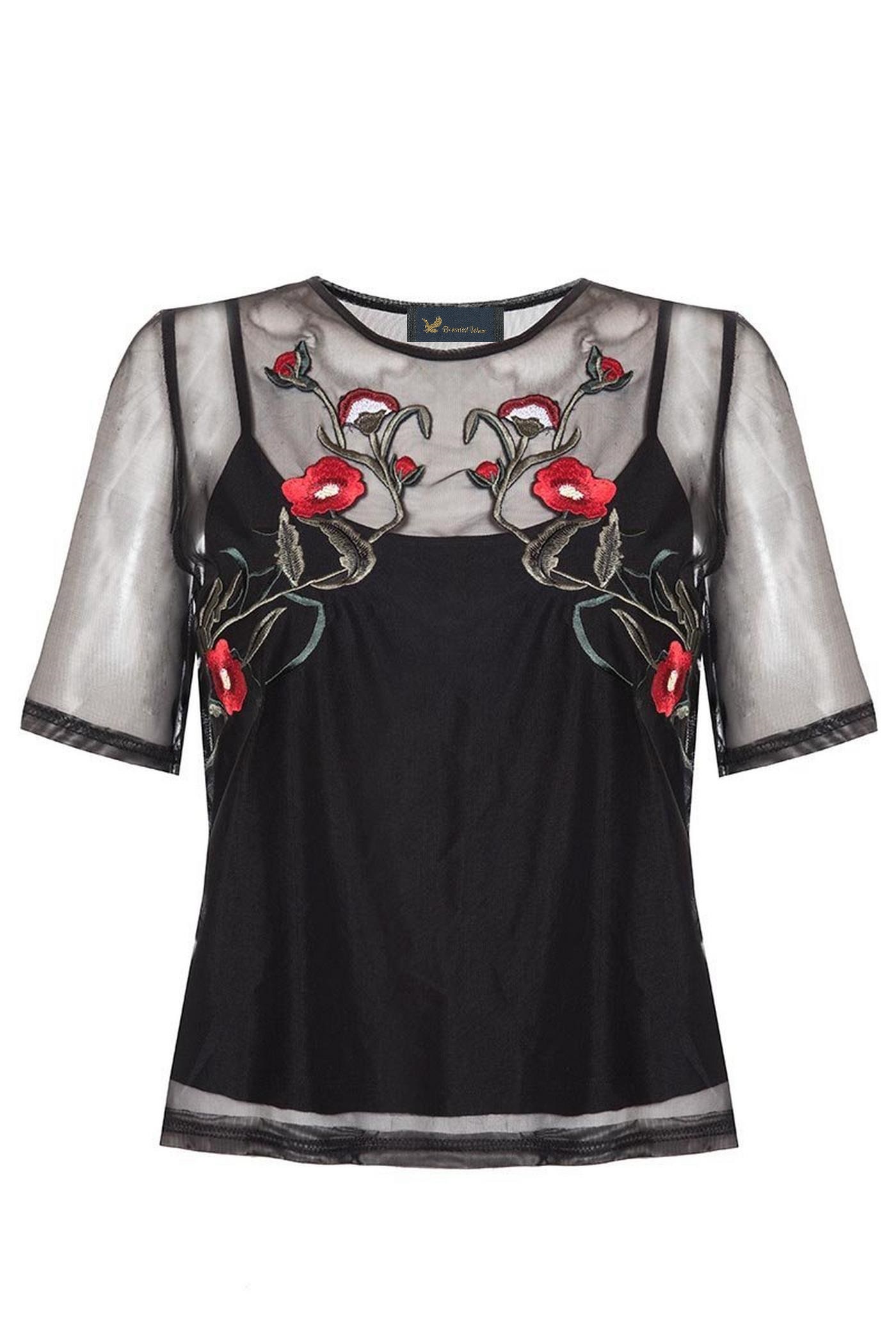 Black Embroidered Floral Mesh Overlay Top