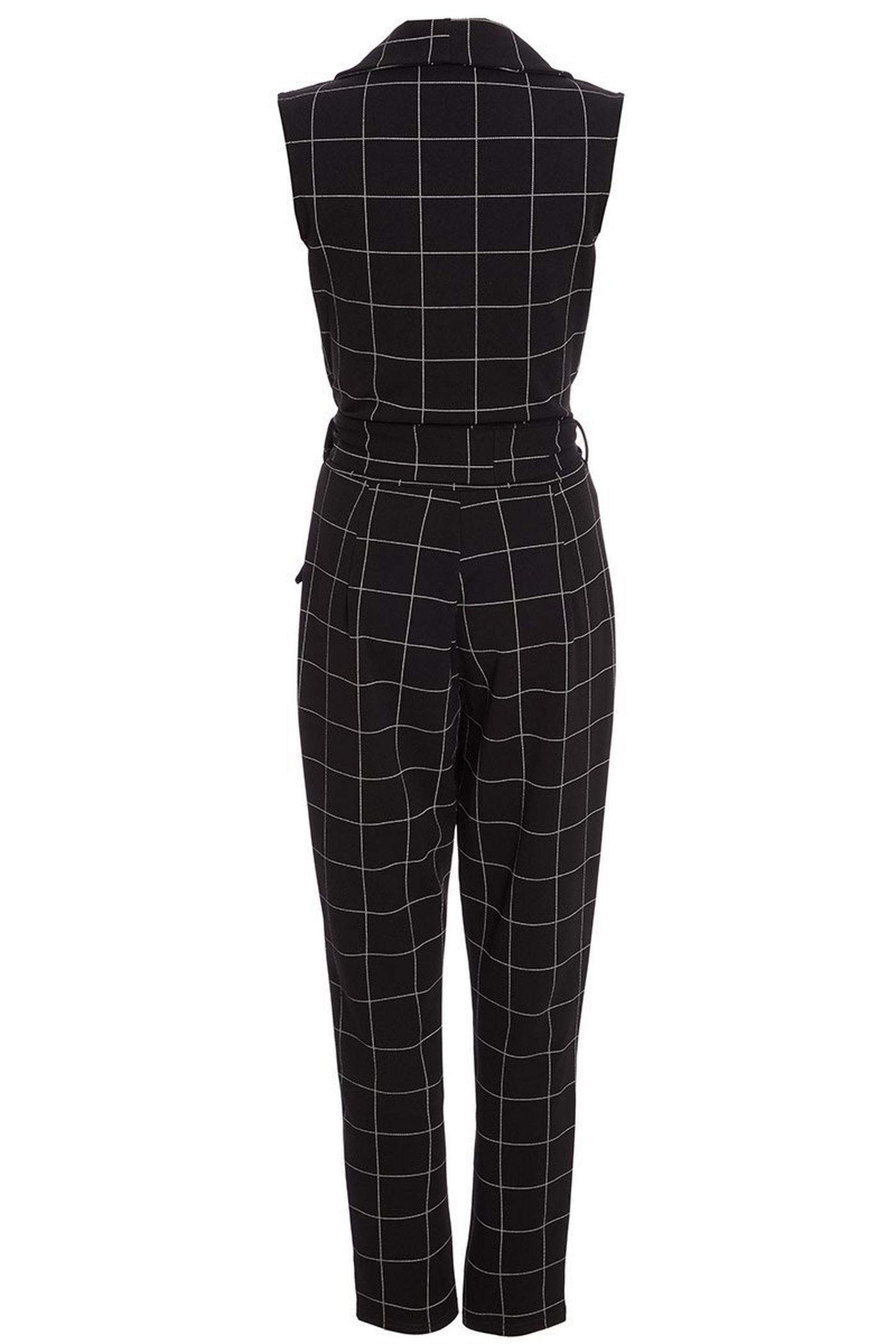 Black And White Check Print Lapel Jumpsuit
