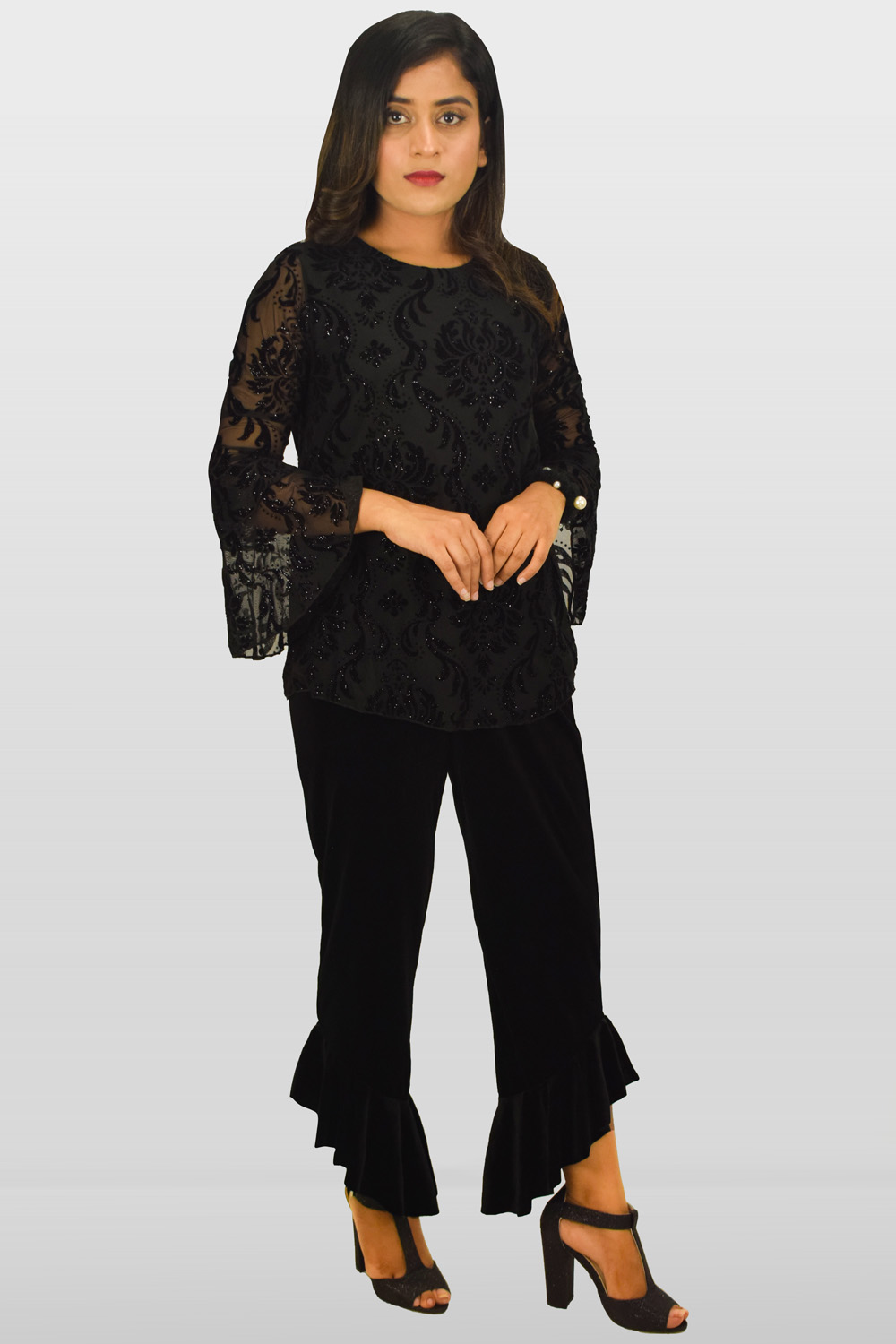 Black Lace Frill Long Sleeved Top
