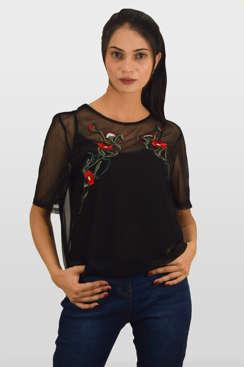 Black Embroidered Floral Mesh Overlay Top
