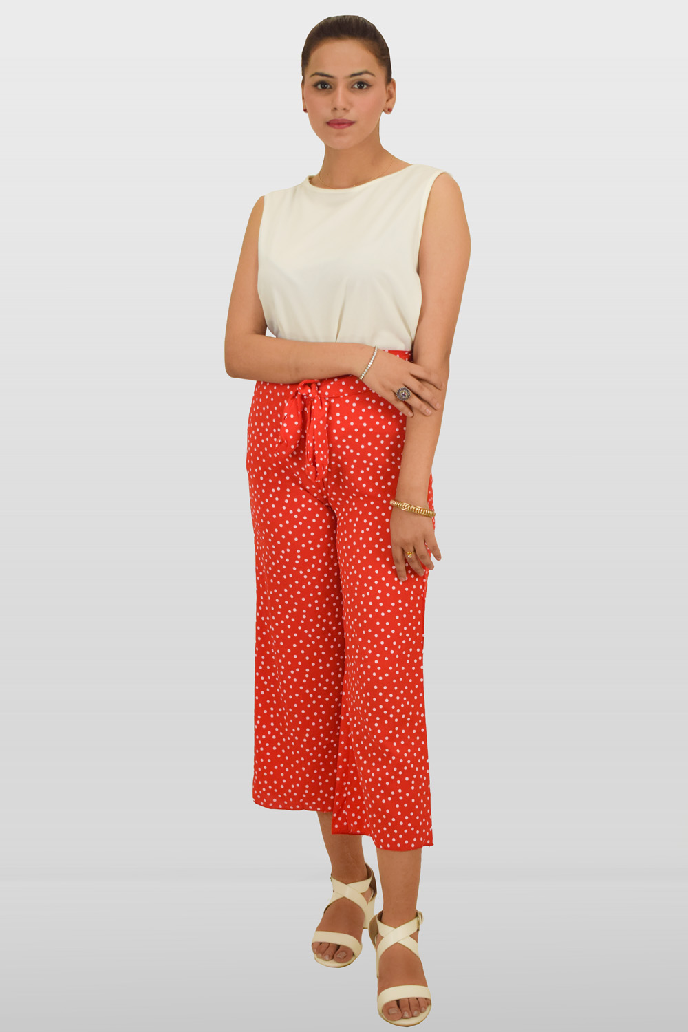 Red And White Polka Dot Tie Belt Culotte Trousers