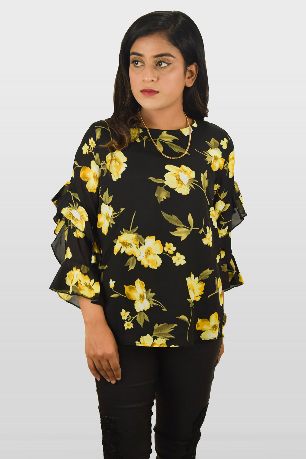 Black And Yellow Floral Frill Top