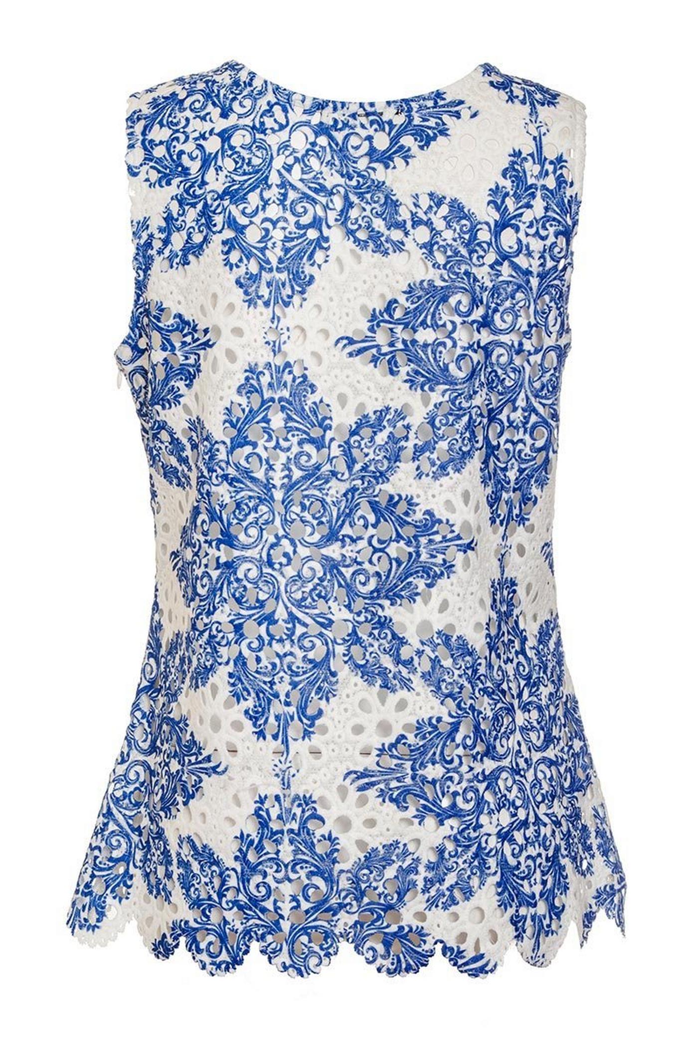 White And Blue Crochet Paisley Print Top