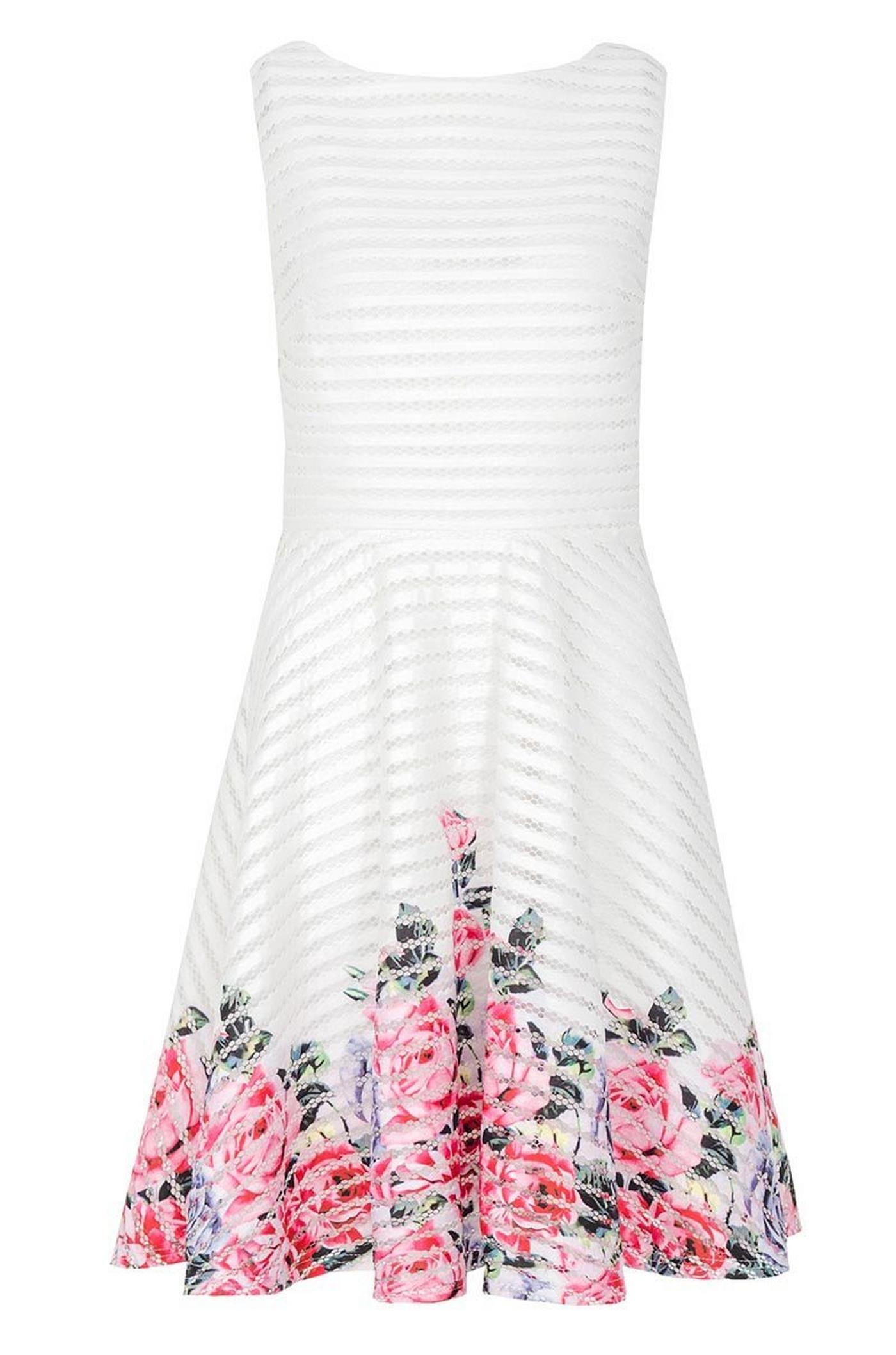 Cream And Pink Flower Print Hem Skater Dress