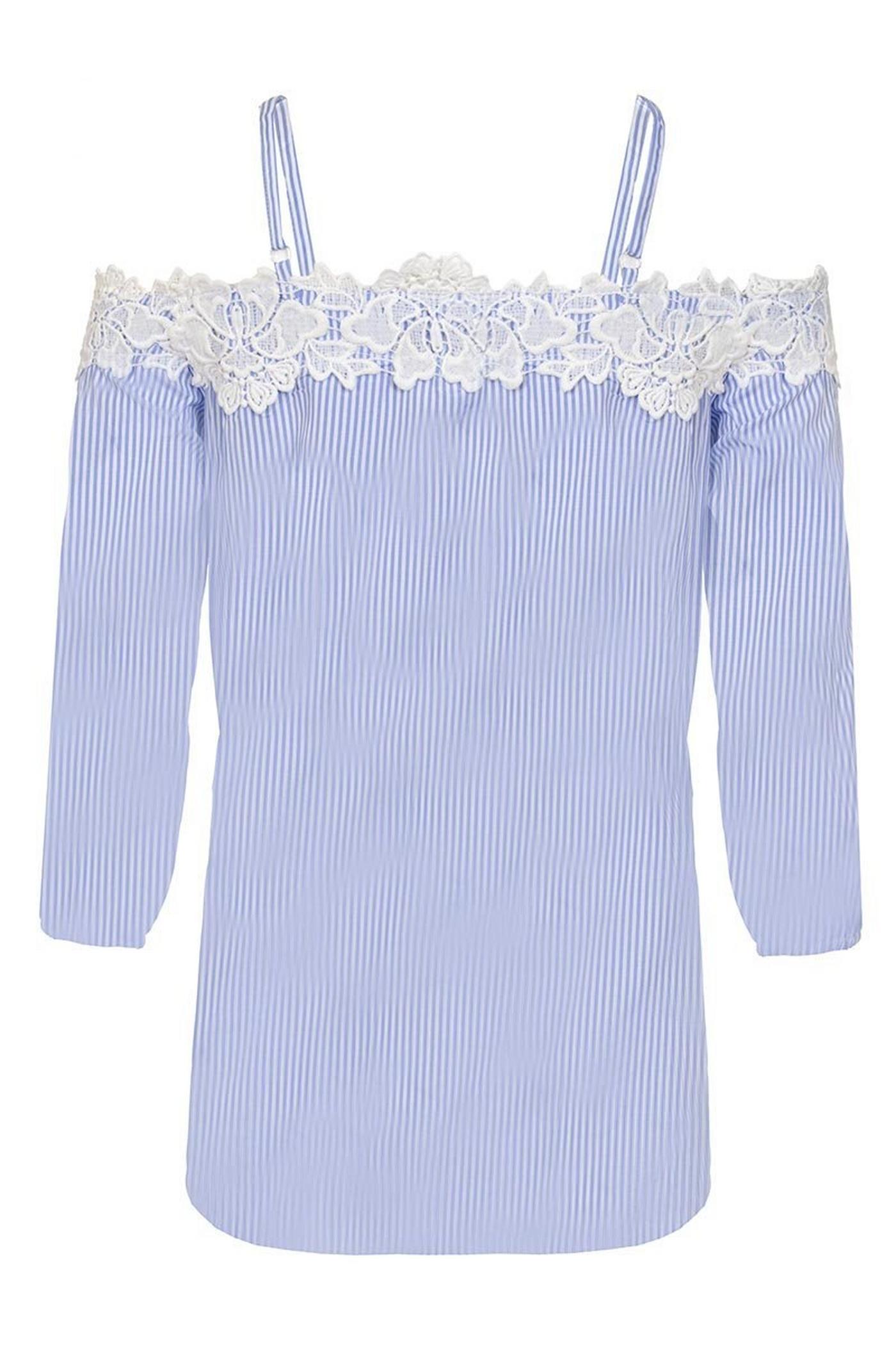 White And Blue Crochet Trim Strappy Bardot Top