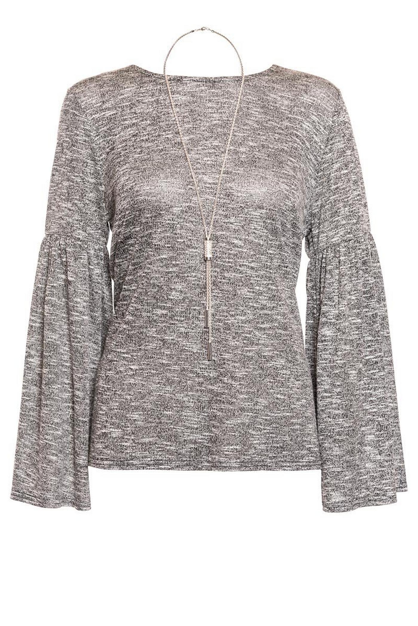 Grey Light Knit Ruffle Sleeve Necklace Top