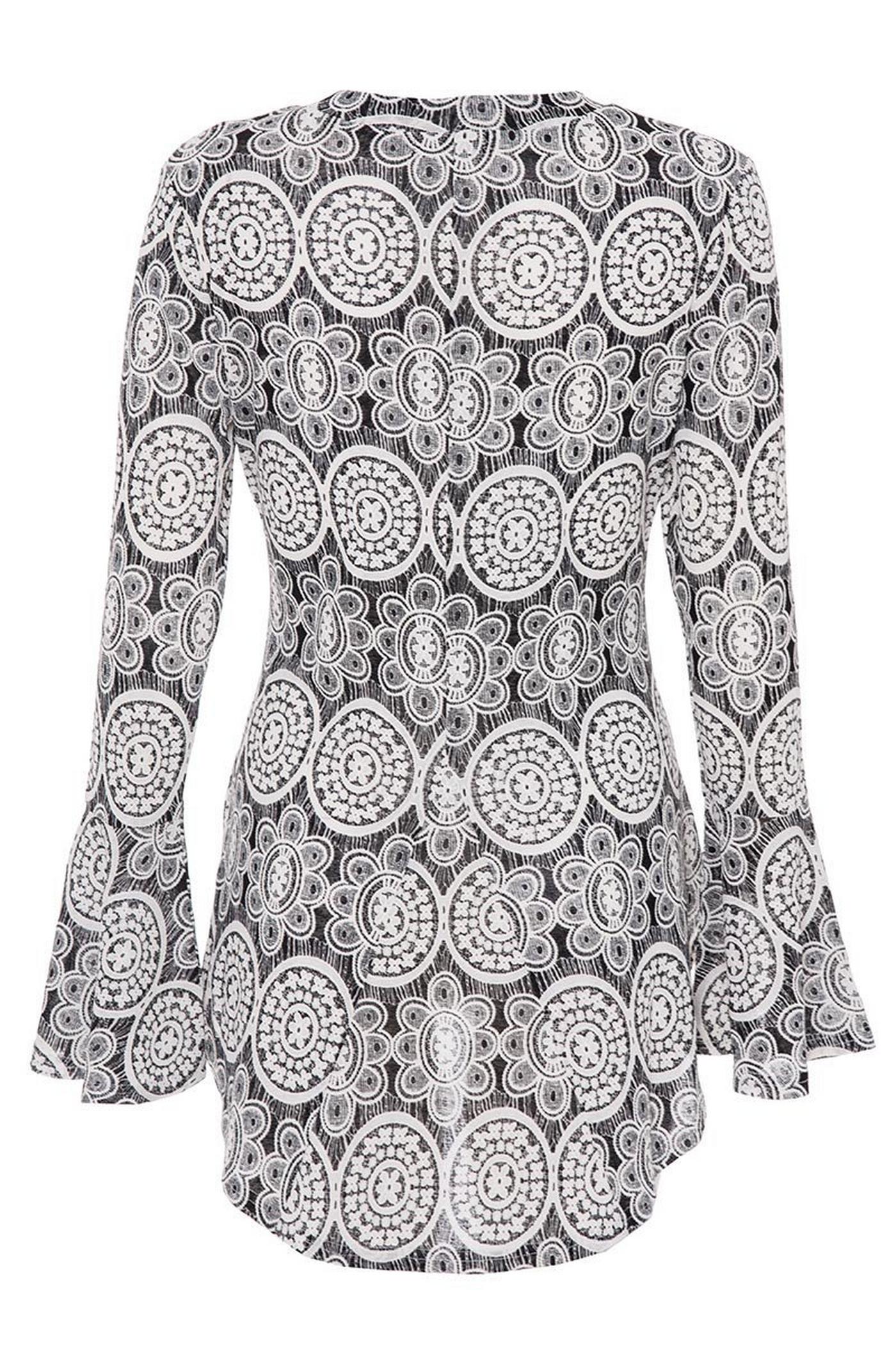 Black And White Lace Print Flute Sleeve Top