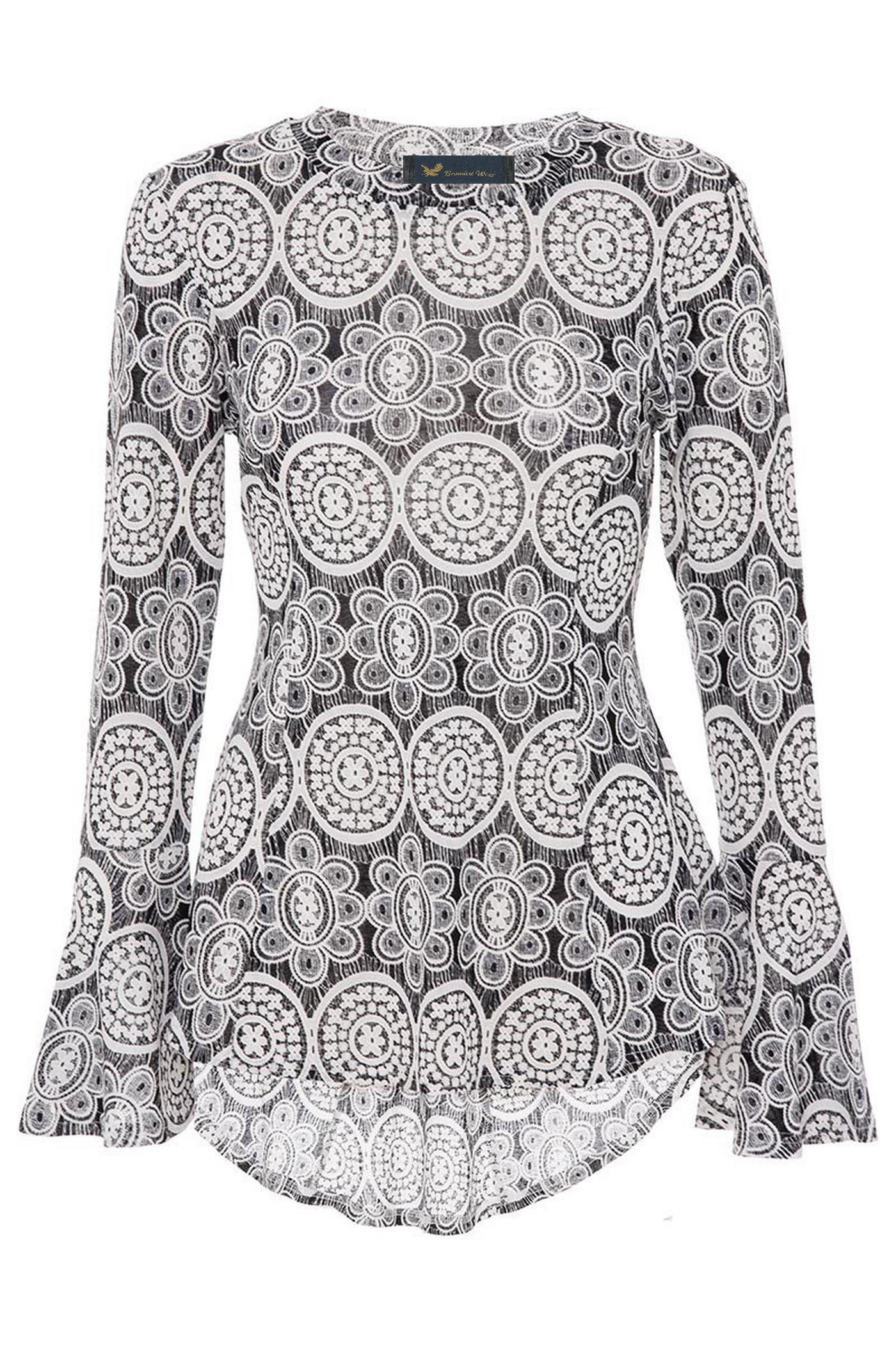 Black And White Lace Print Flute Sleeve Top
