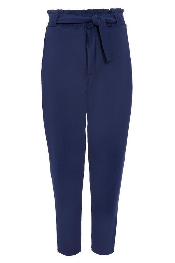 Navy Crepe High Waisted Paper Bag Trousers