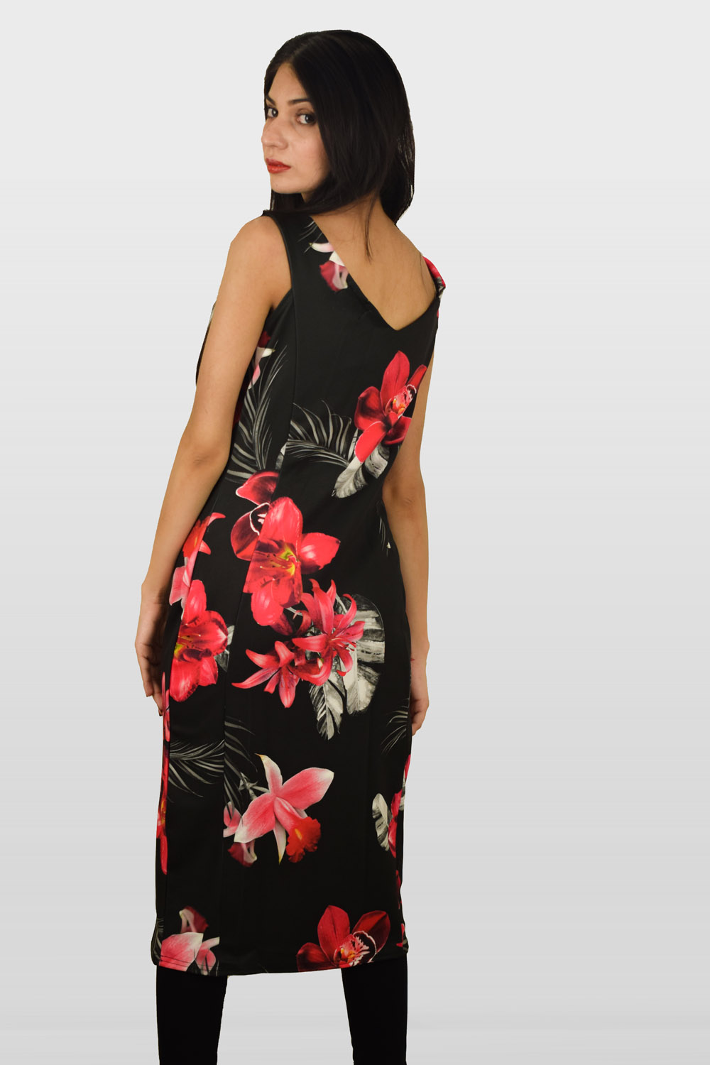 Black And Red Floral Bardot Midi Dress