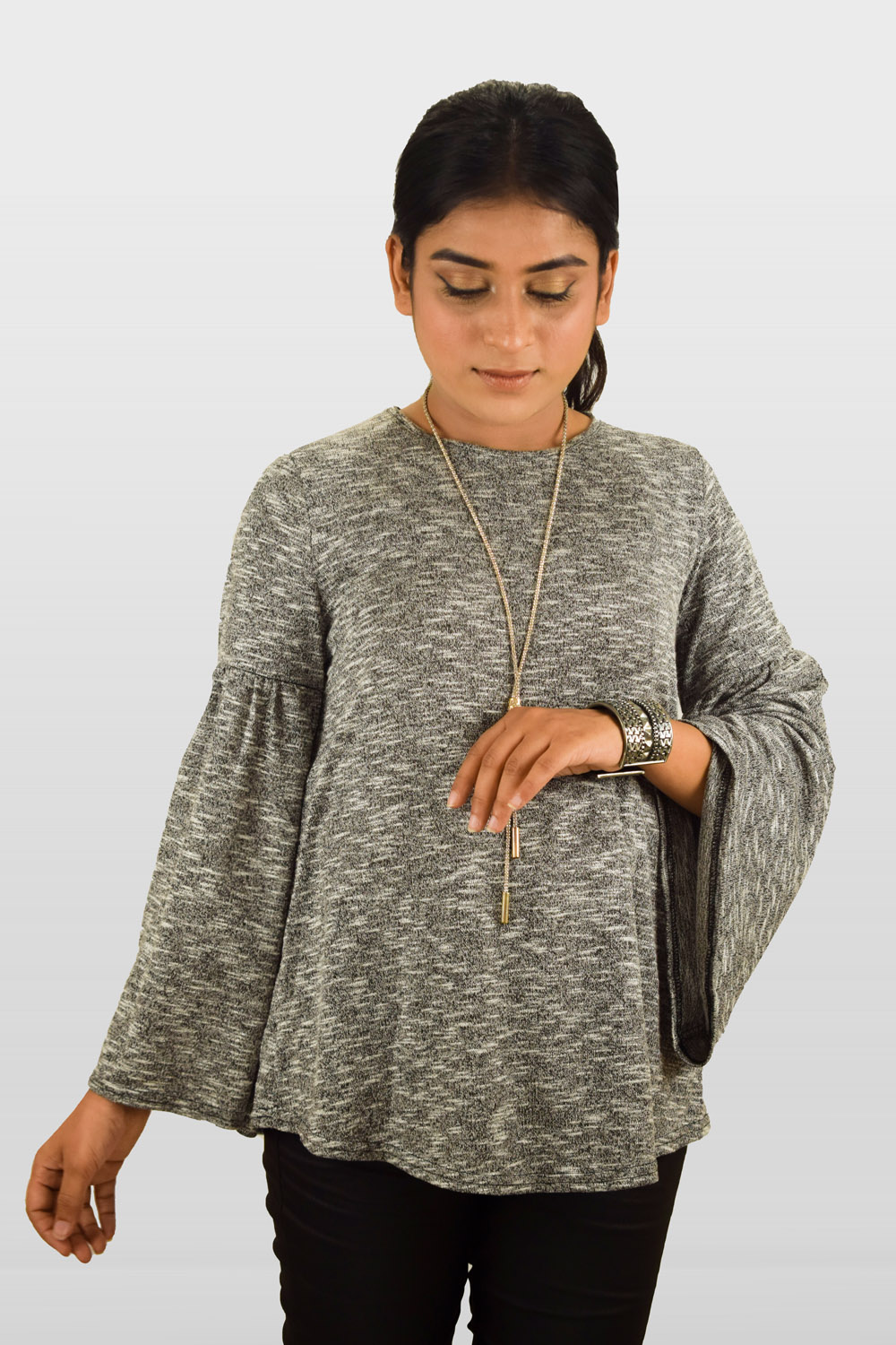 Grey Light Knit Ruffle Sleeve Necklace Top