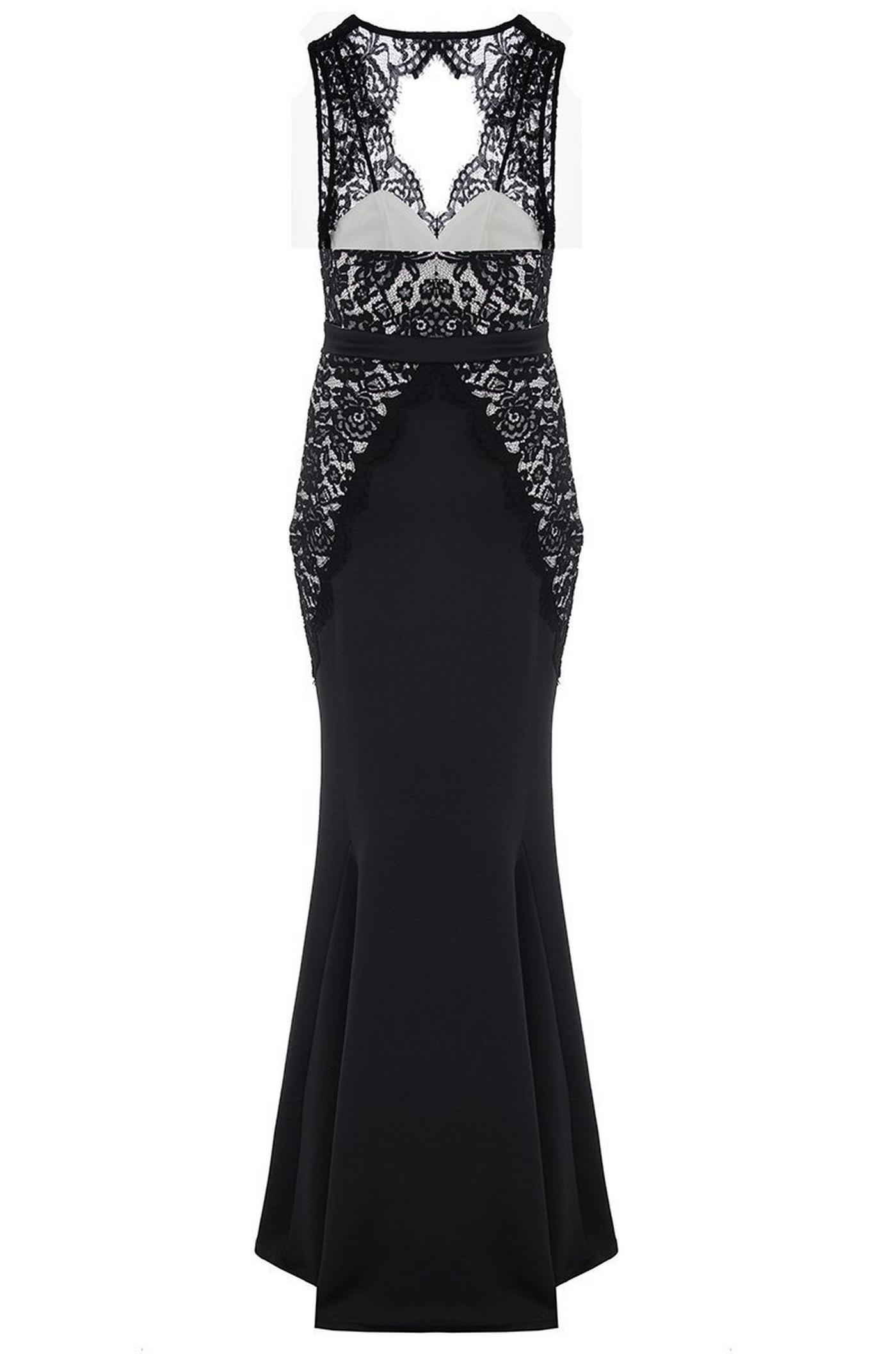 Black Lace Panel Fishtail Maxi Dress