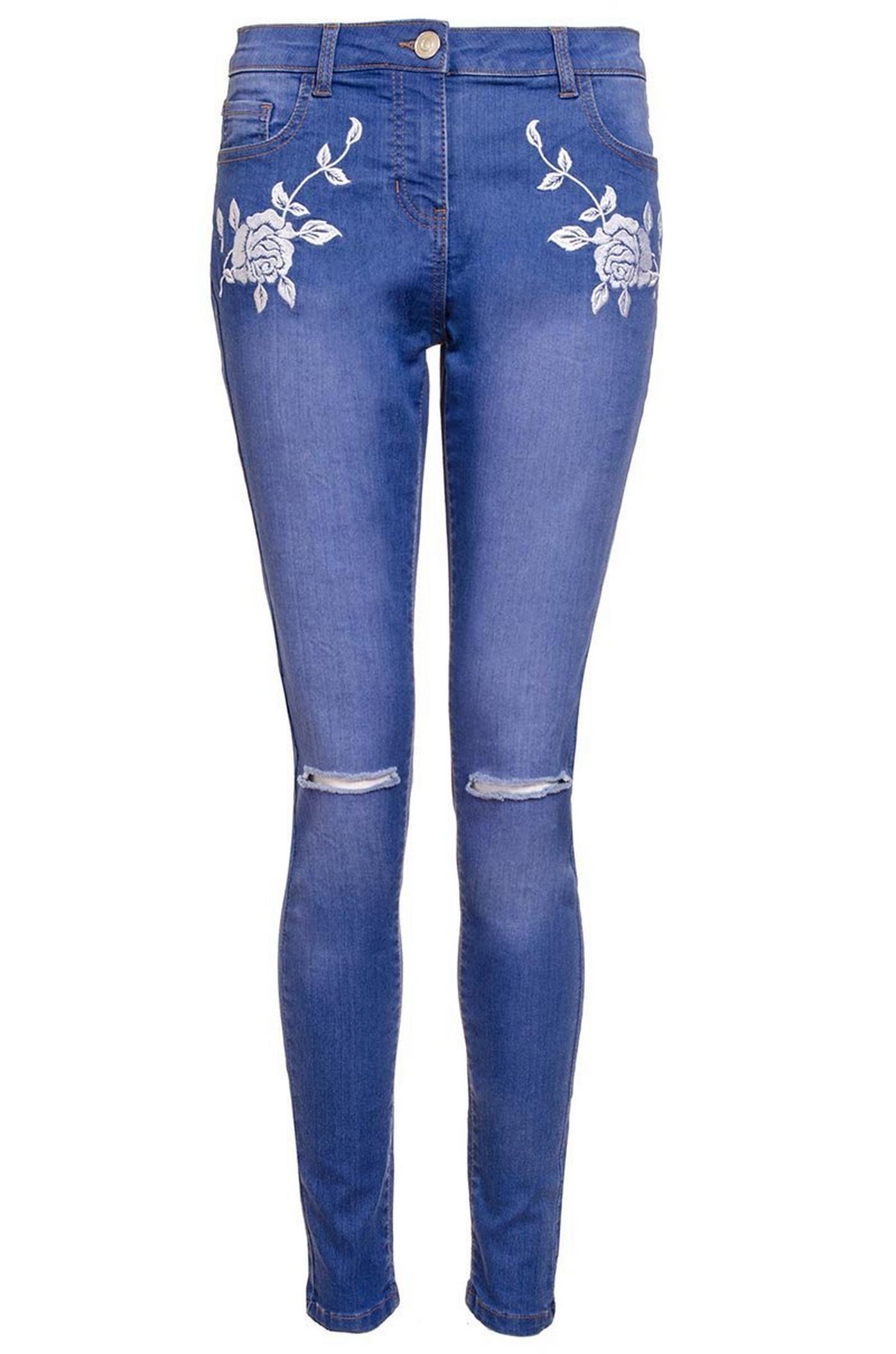 Light Blue Rose Embroidered Skinny Jeans