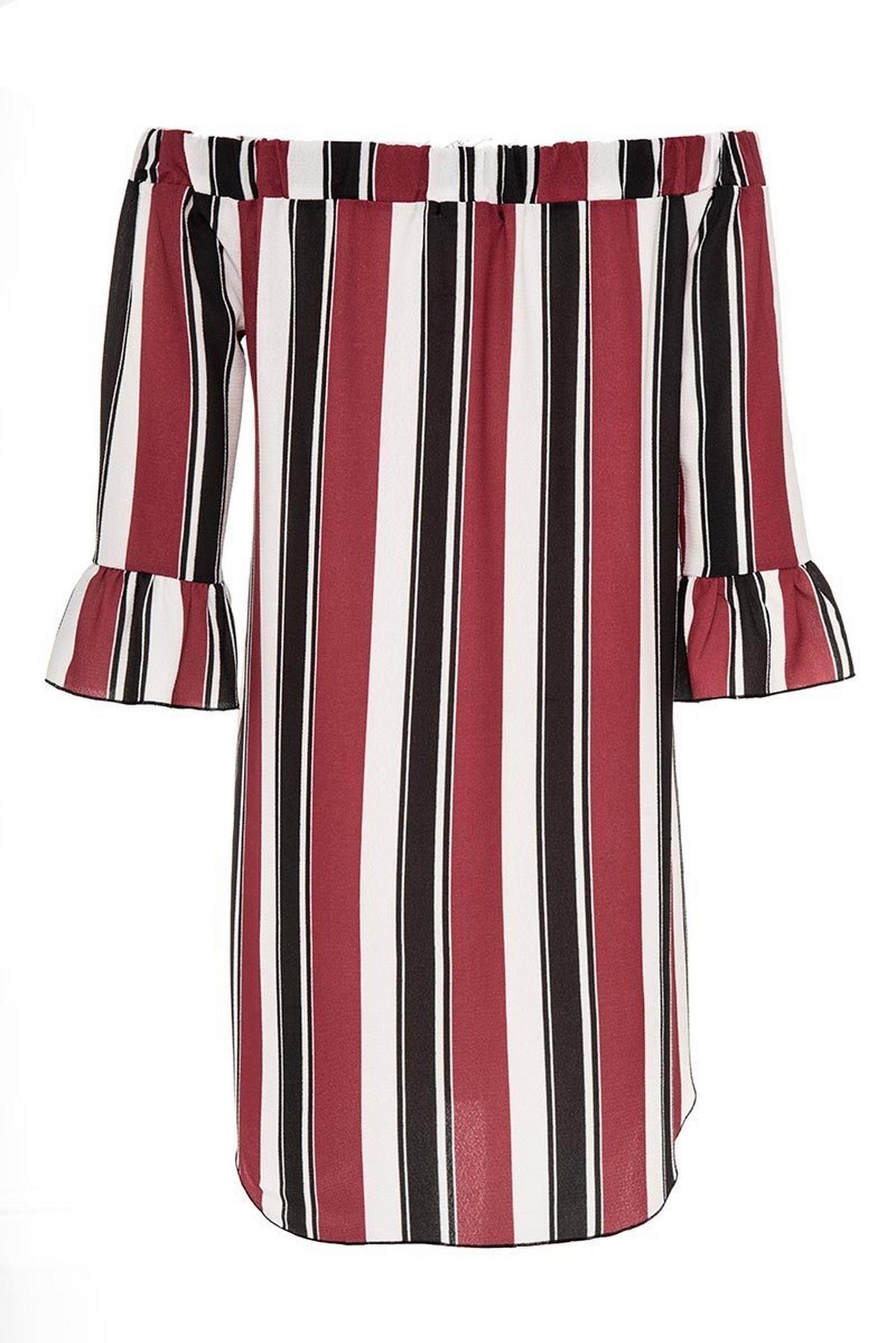 Wine Cream And Black Stripe Bardot Tunic Dress
