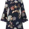Navy And Stone High Neck Flute Sleeve Dress