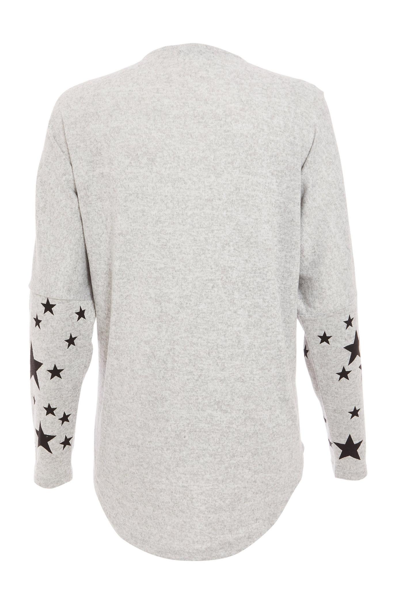 Grey Knit Star Print Zip Front Top