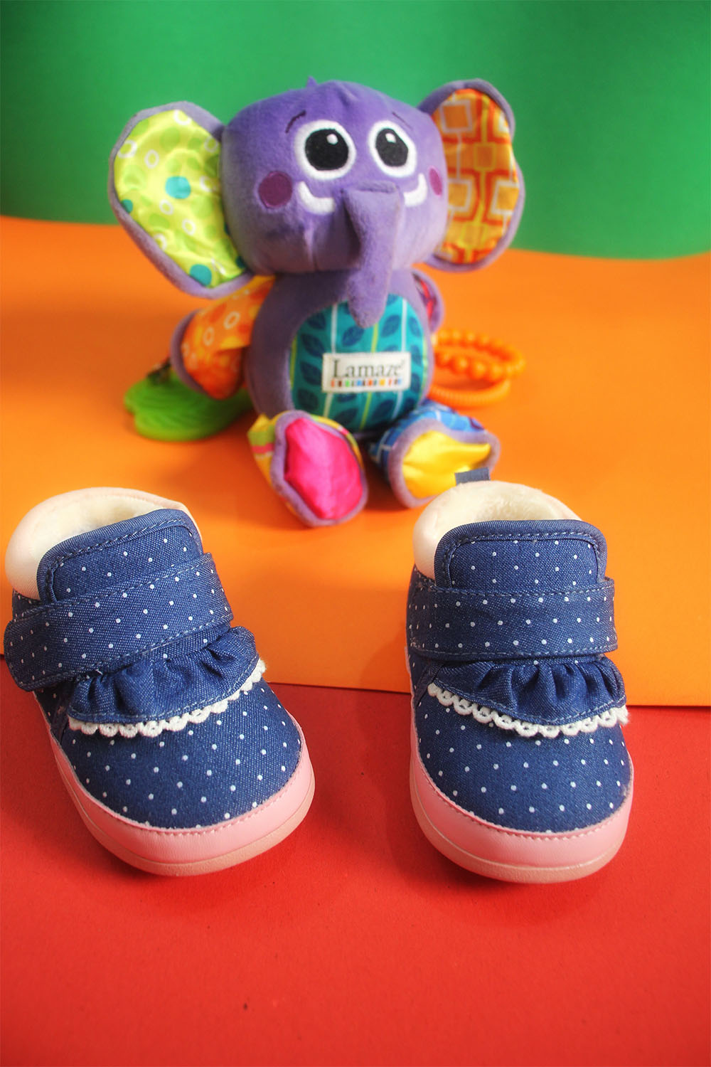 Baby Girl Blue and Pink Dotted Single Strap Ankle Winter Boots