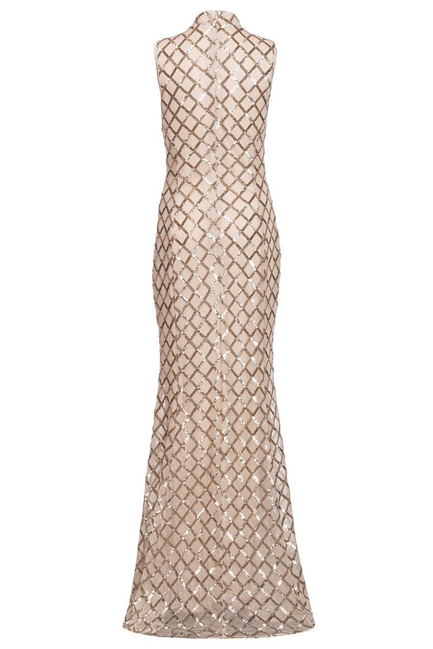 Champagne And Gold Sequin High Neck Fishtail Maxi Dress