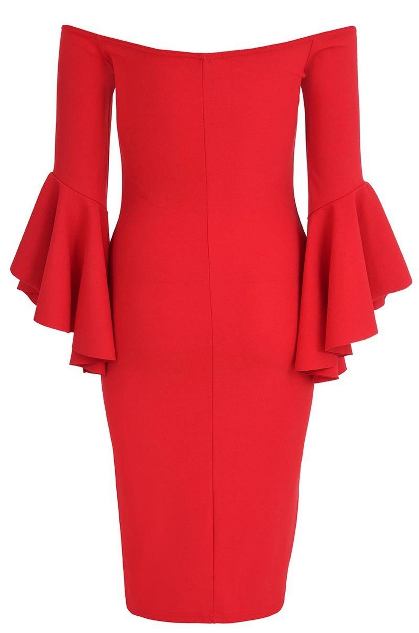 Red Frill Sleeve Bardot Midi Dress