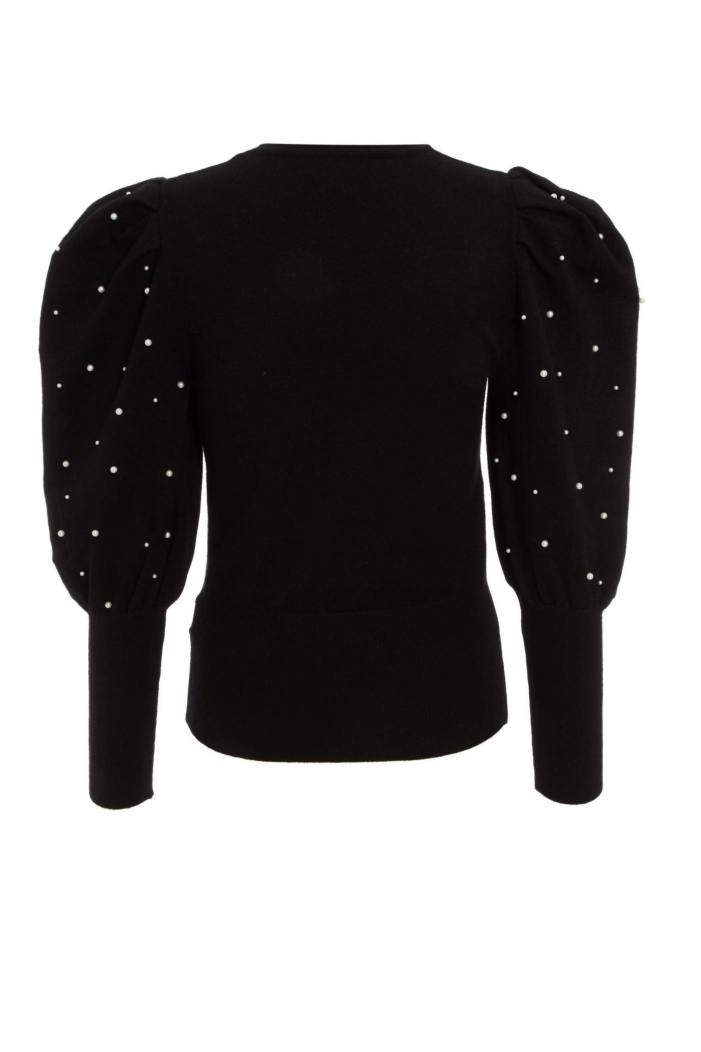 Black Knitted Pearl Puff Sleeve Jumper