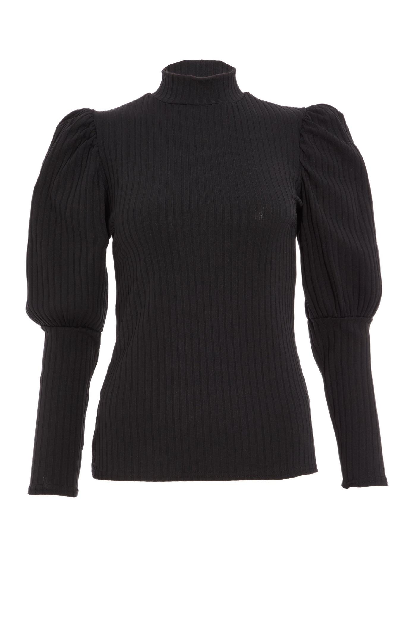 Black Ribbed Puff Sleeve Top
